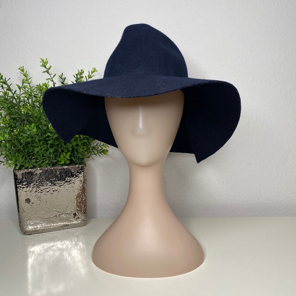Lovely Bird Navy Blue Wool Wide Brim Floppy Hat Womens Coastal Chic Boho‎